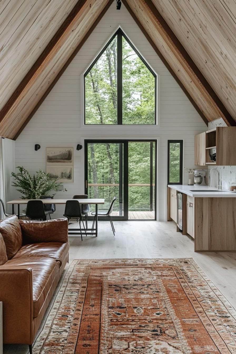 interior of a frame house with white shiplap walls natural wood door and window trim exposed wooden beams light hardwood floor with area rug