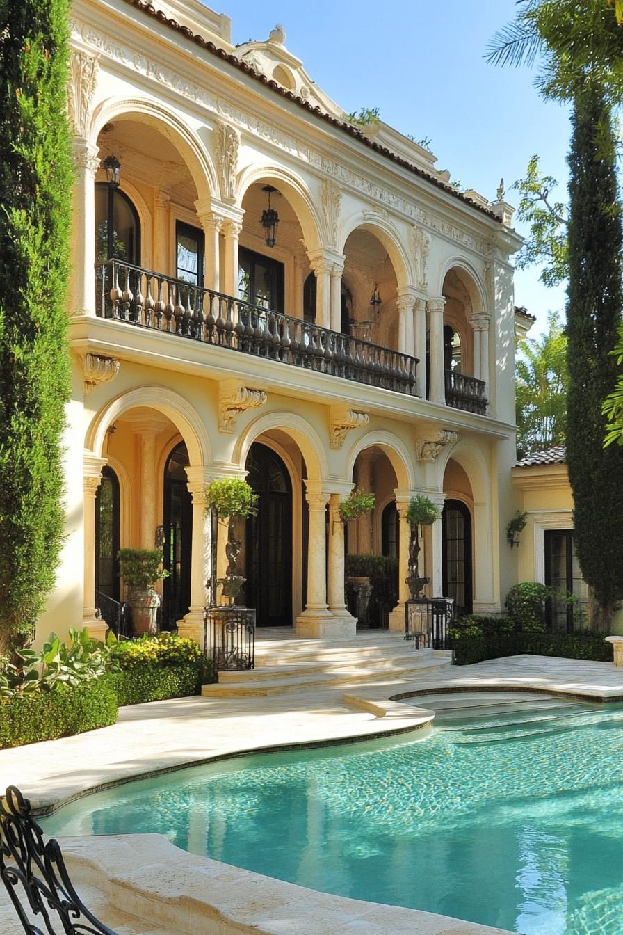 Elegant mansion with arched balconies and pool