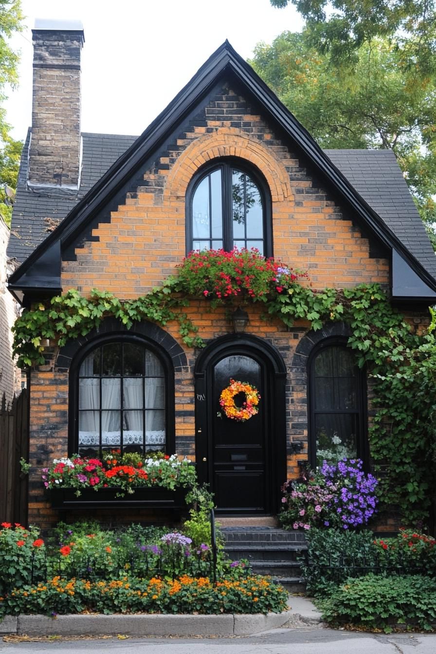 Gabled cottage with vibrant flowers and ivy