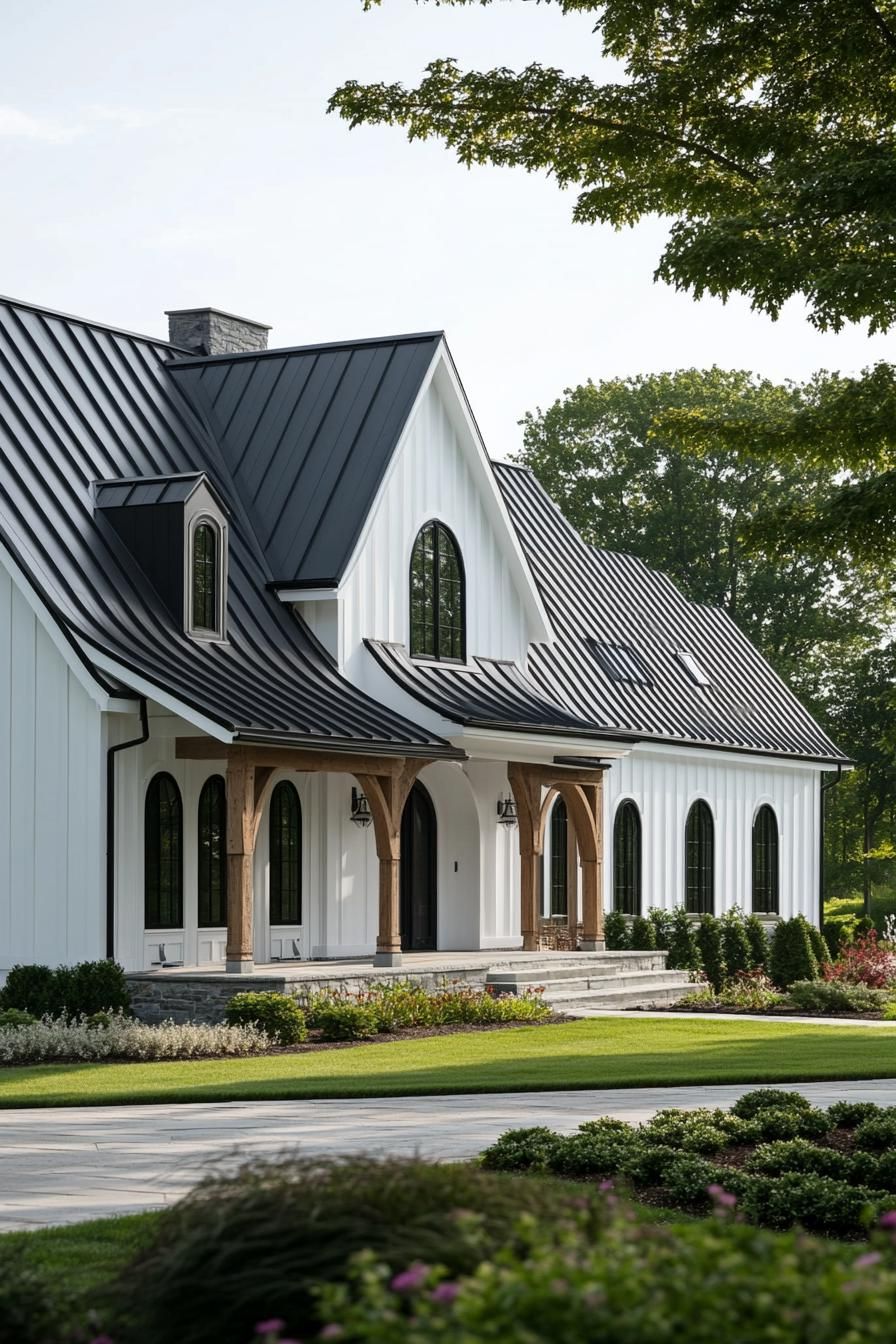 White gothic-style house with black metal roof and wooden arches