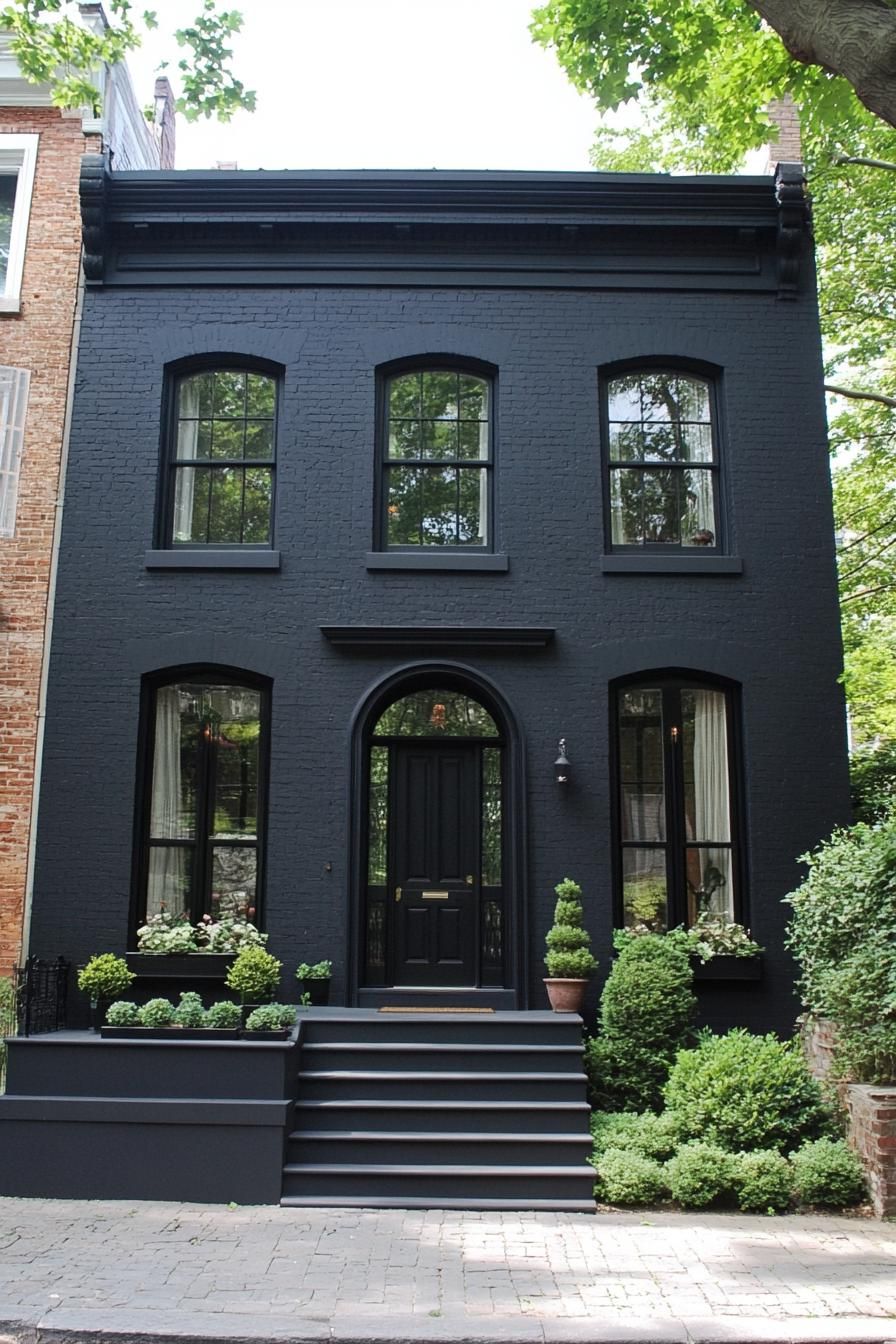 A sleek black house surrounded by greenery