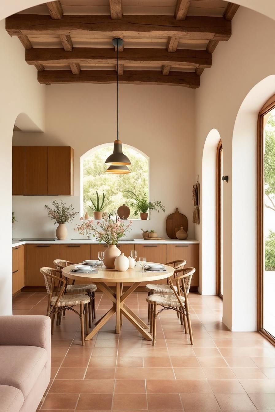 Modern dining room with wooden beams and earthy tones