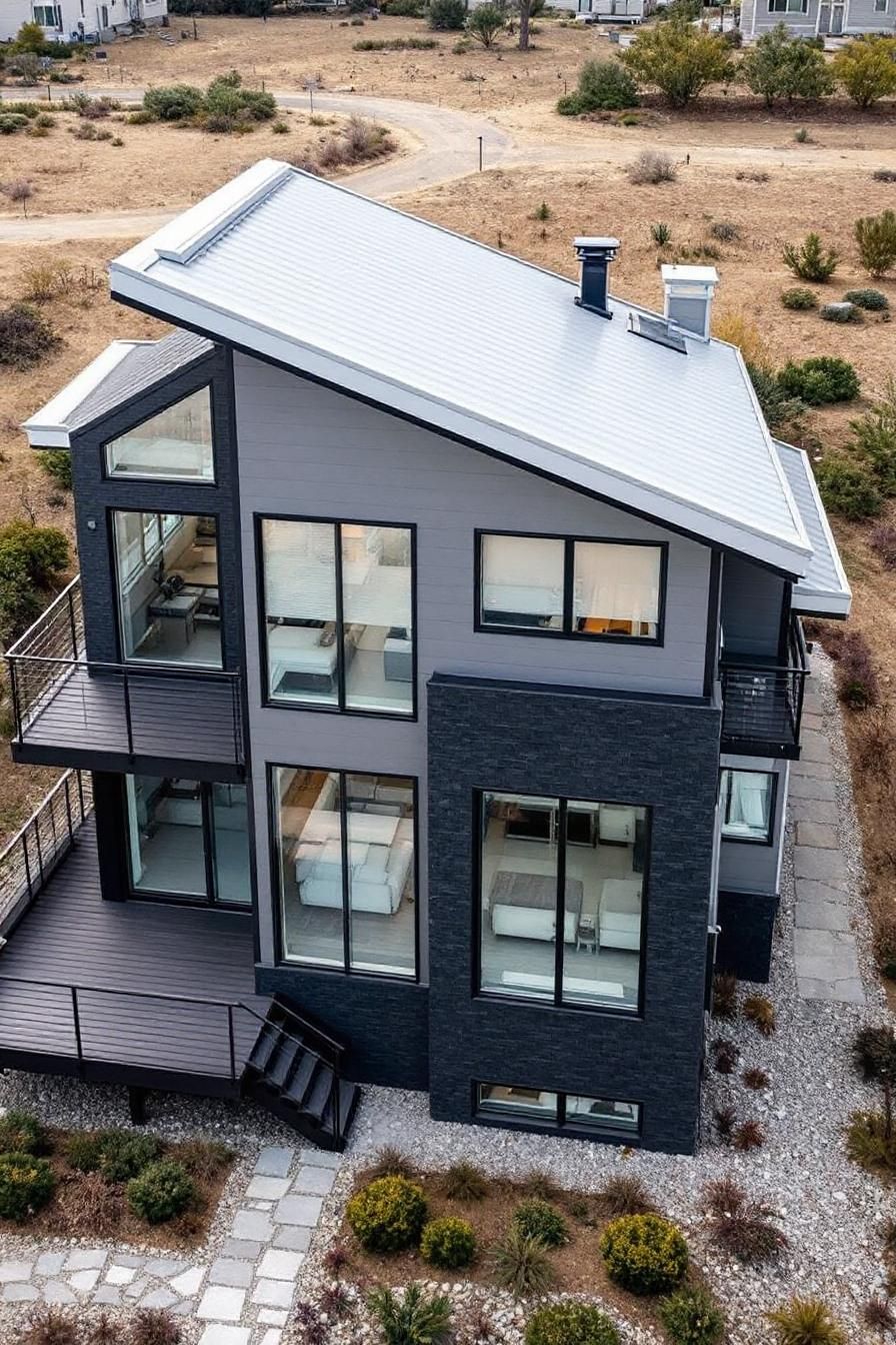 Modern house with a dramatic sloped roof and large windows