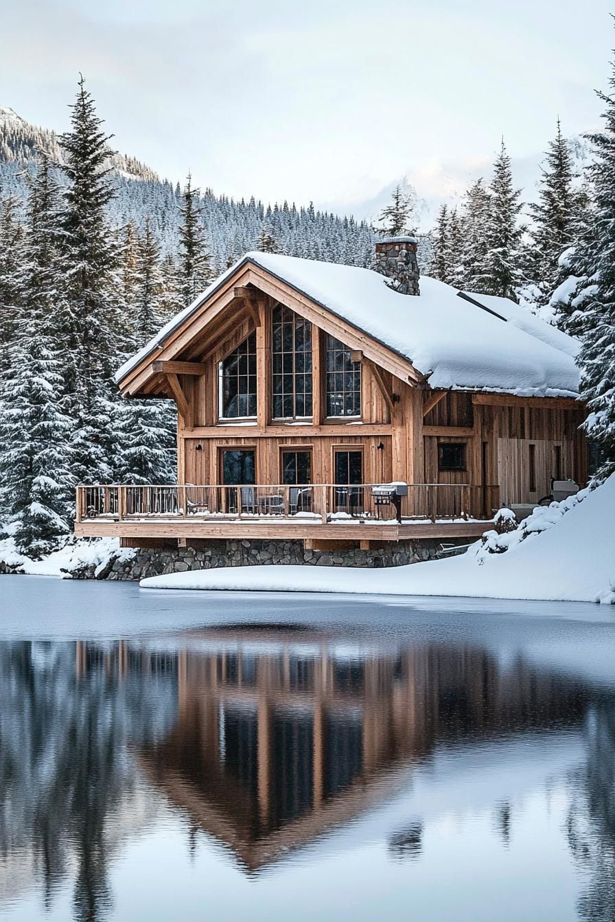 Wooden cabin beside a tranquil snowy lake