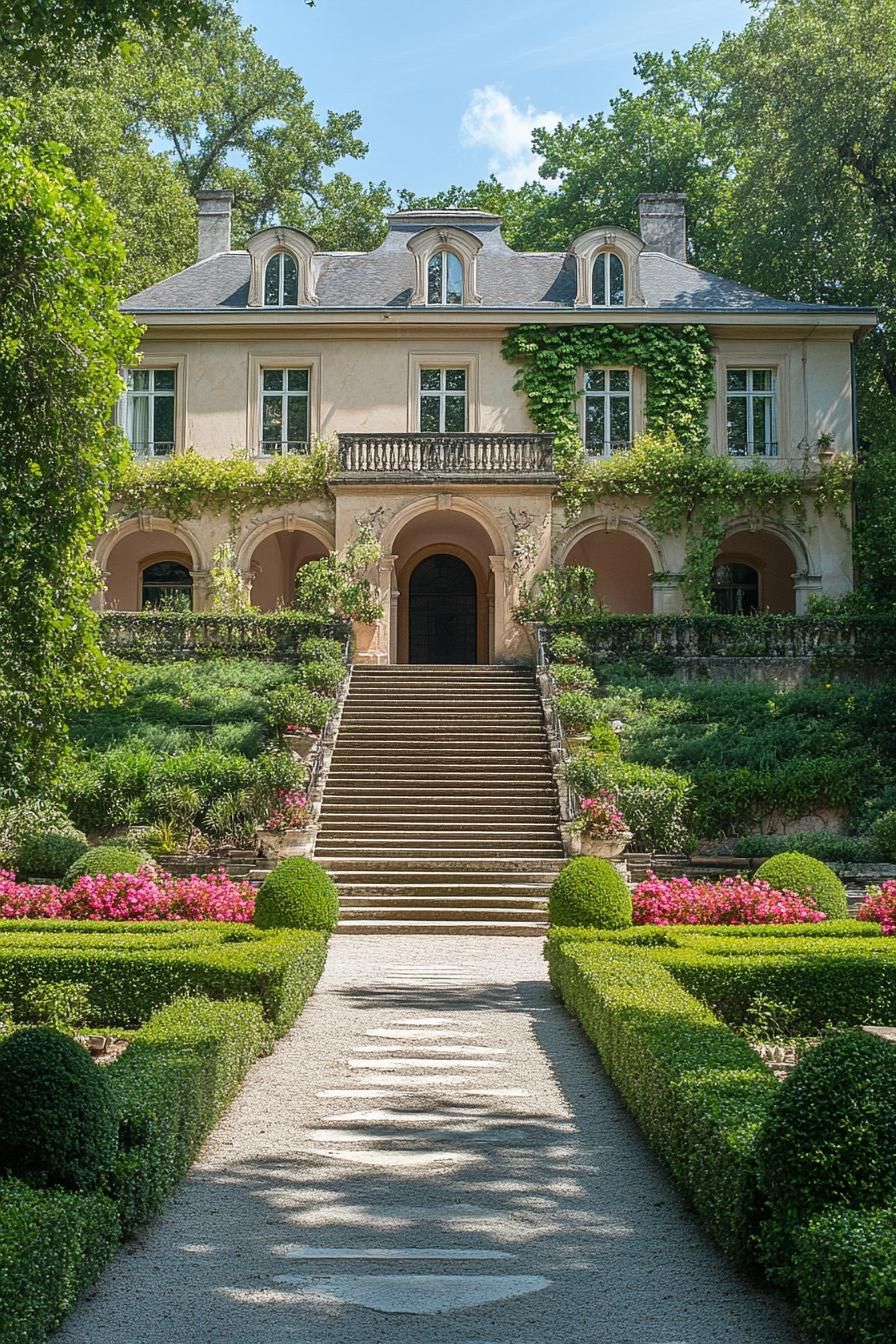 french manor with arched doorways facade with detailing and vines high steps with balustrade railings lead to the manor below is a large garden 2