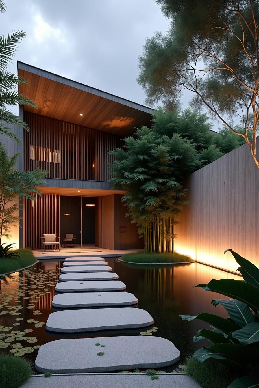 Modern house with a water feature and stepping stones