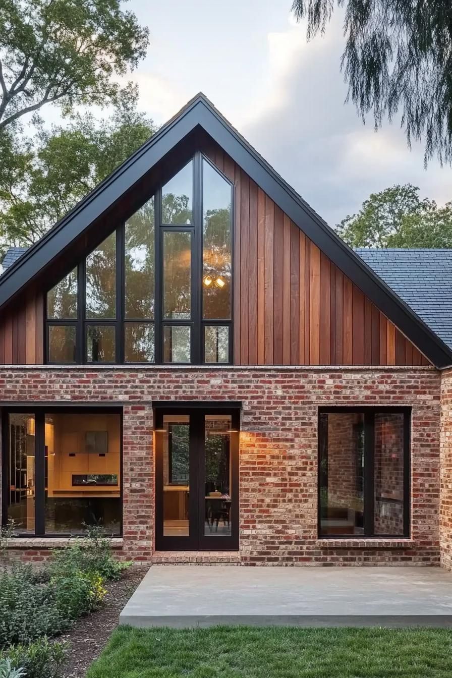 modern house with gable roof facade with red discolored brick and reclaimed timber cladding modern windows and doors 2