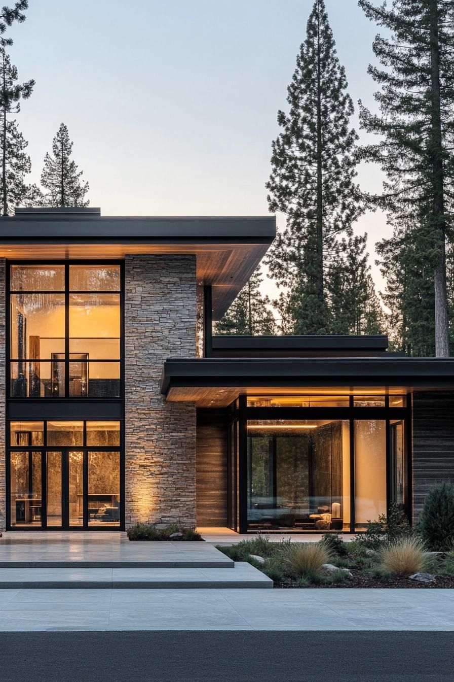 Modern house with large glass windows and stone facade