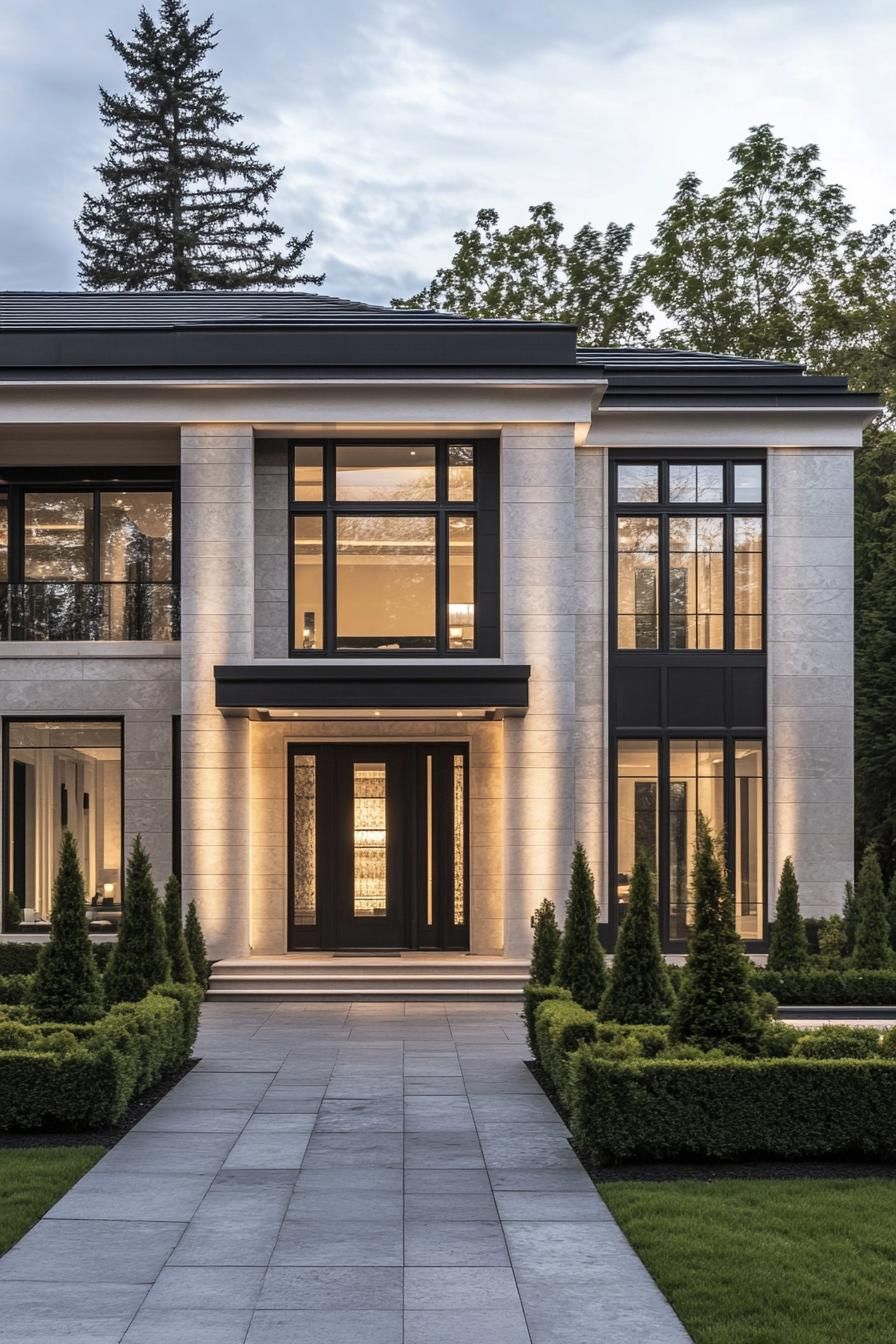 Stately home facade with tall windows and bright lights