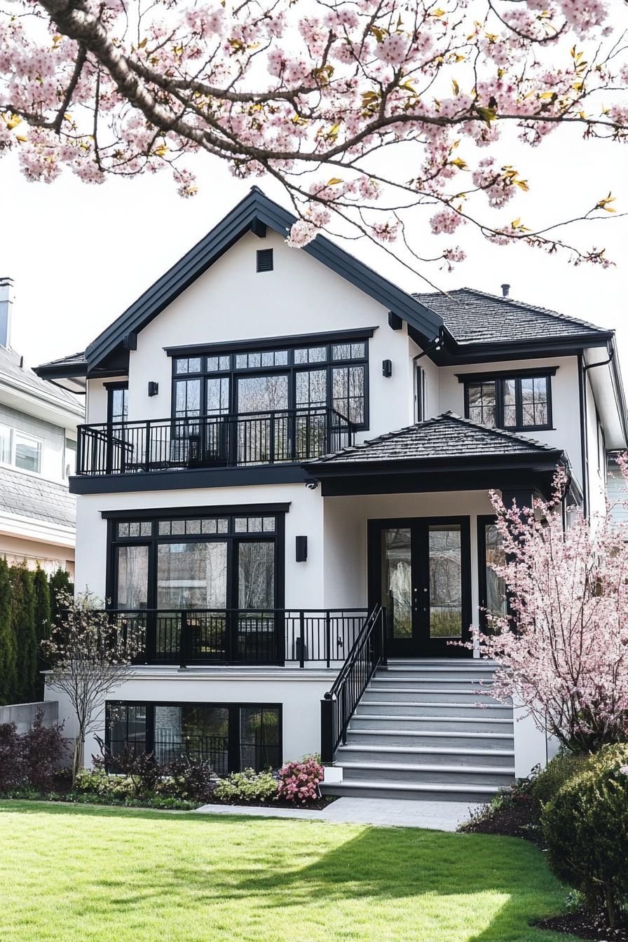 modern white stucco cottage house with black trim black multi pitched roof black metal balconies front yard with cherry trees