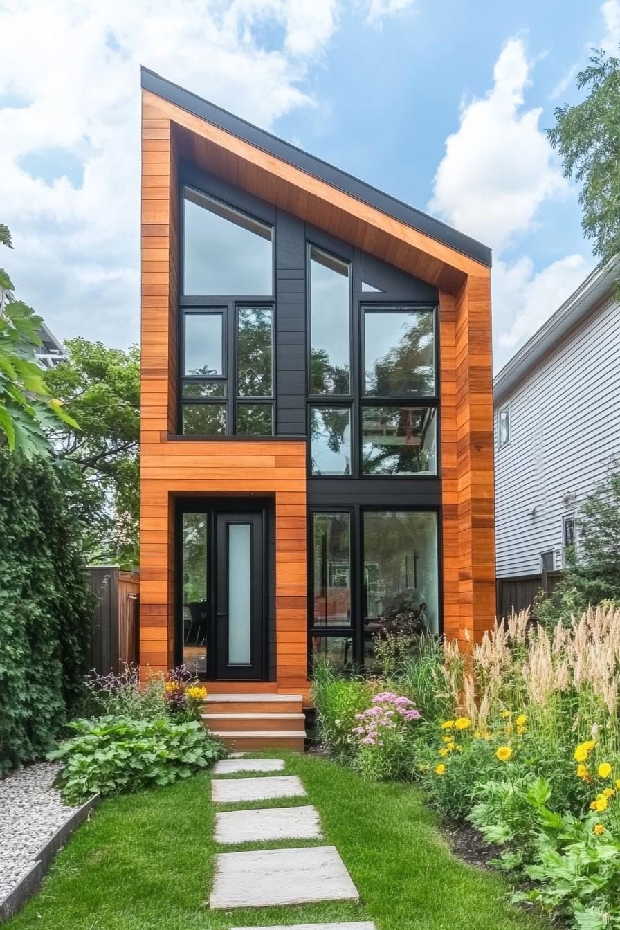 narrow modern 2 story tiny house with gemetric facade and reclaimed wood siding modern geometric windows in black trim lush front garden with 1