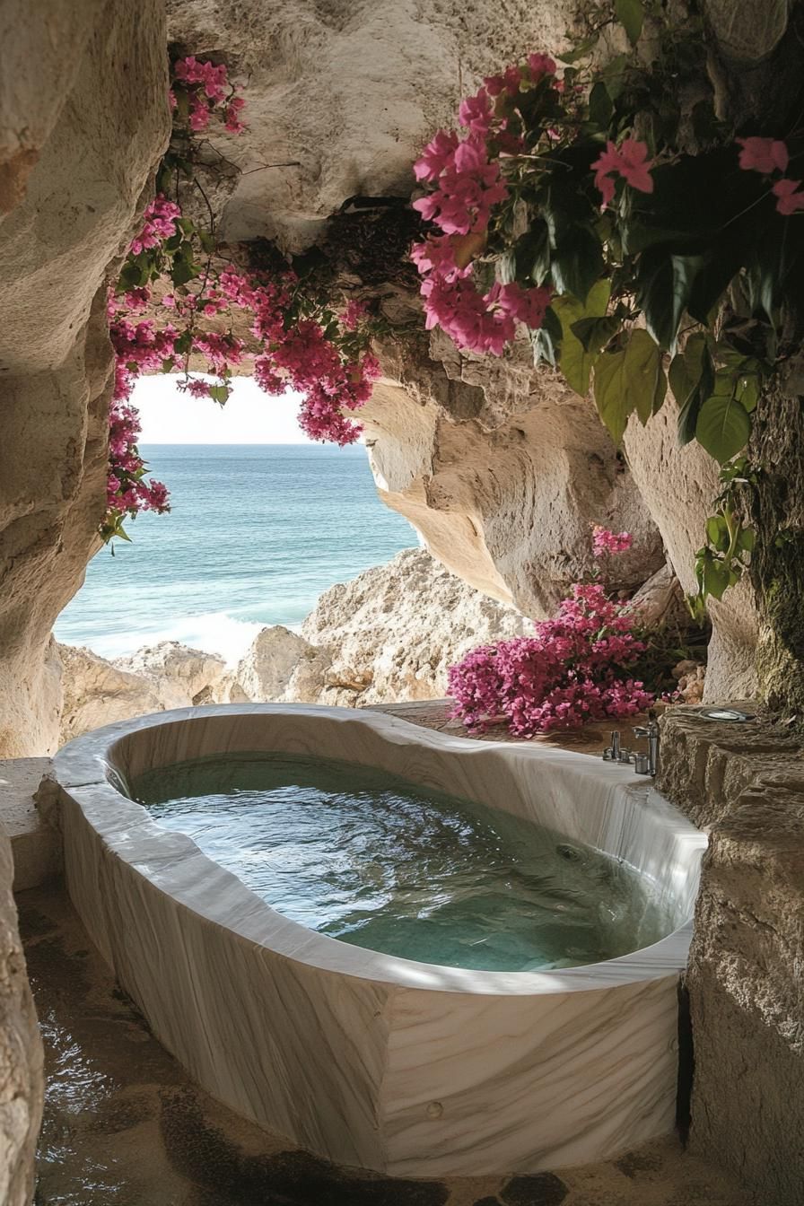 dreamy outdoor bathtub made of marble in curvy forms it is in a cave home with walls overgrown in pink flowers theres a natural cave pool and ocean