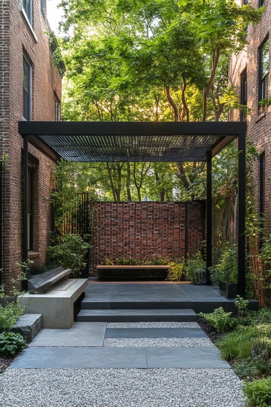 Secluded brick courtyard with a modern canopy