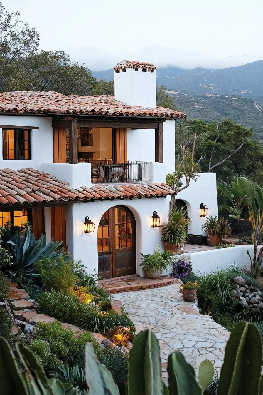 Modern Spanish villa with terracotta roof and lush garden