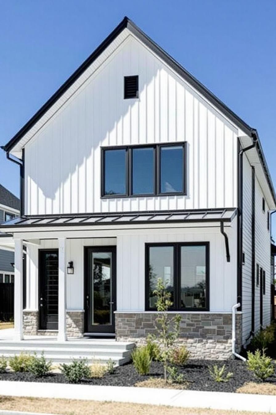 White house with black trim and modern design