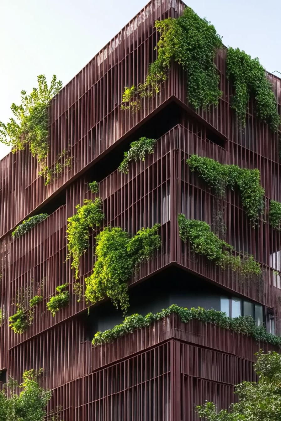 modern metal building facade architecture with green plants 2