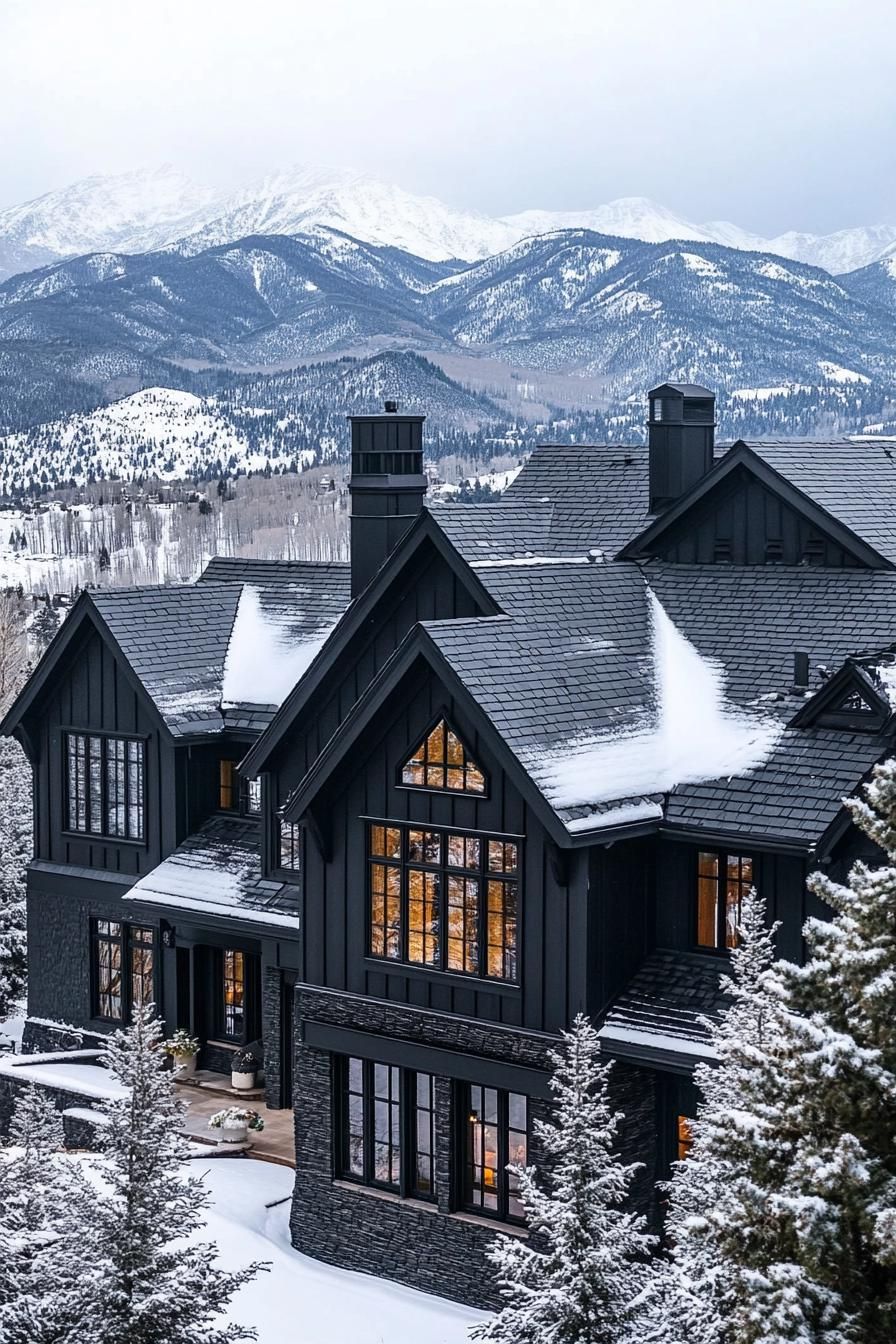 high angle view of large black manor house modern windows roof with gables and black shingles winter wonderland landscape with majestic snowy 1