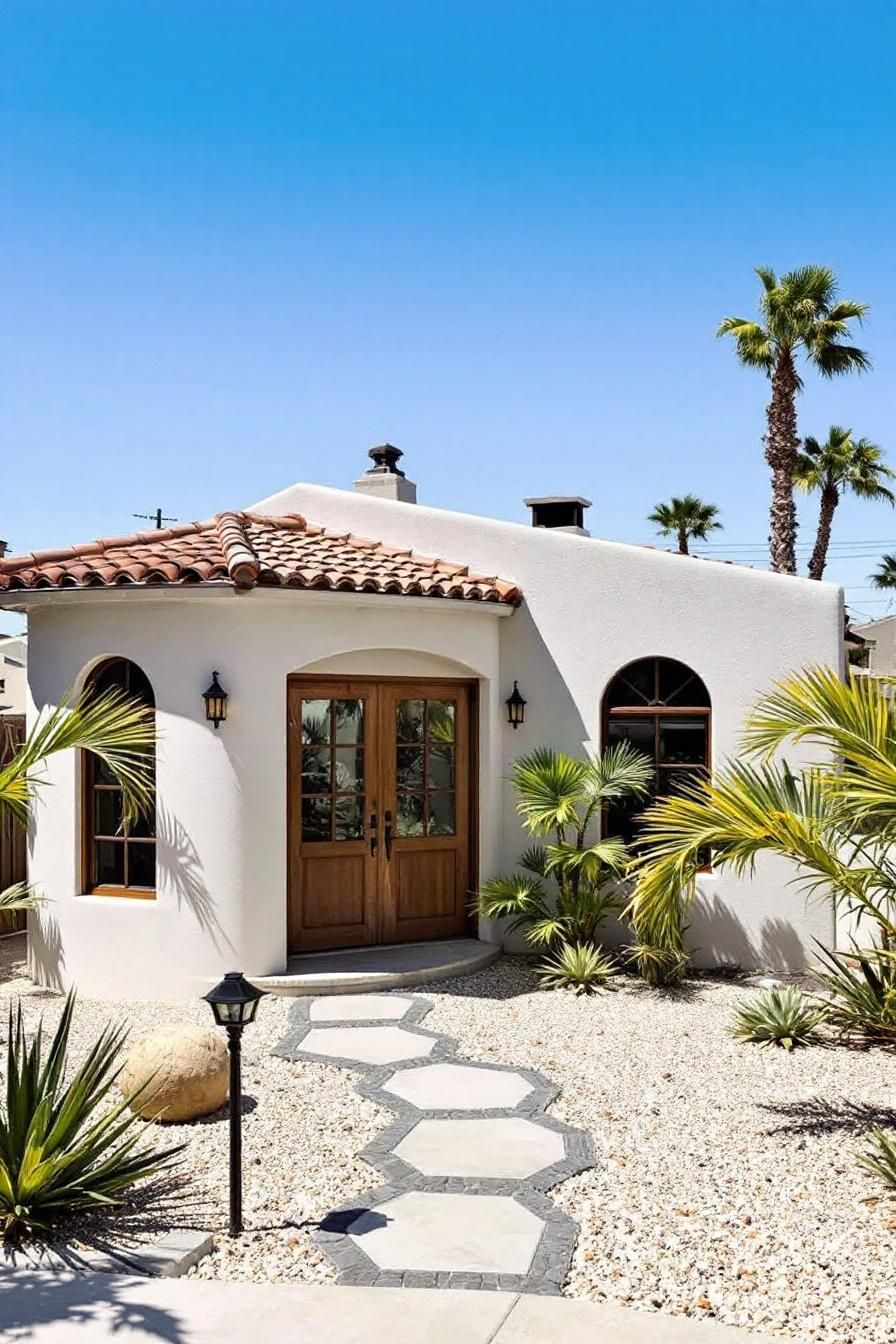 Spanish-style bungalow with palm trees and a blue sky