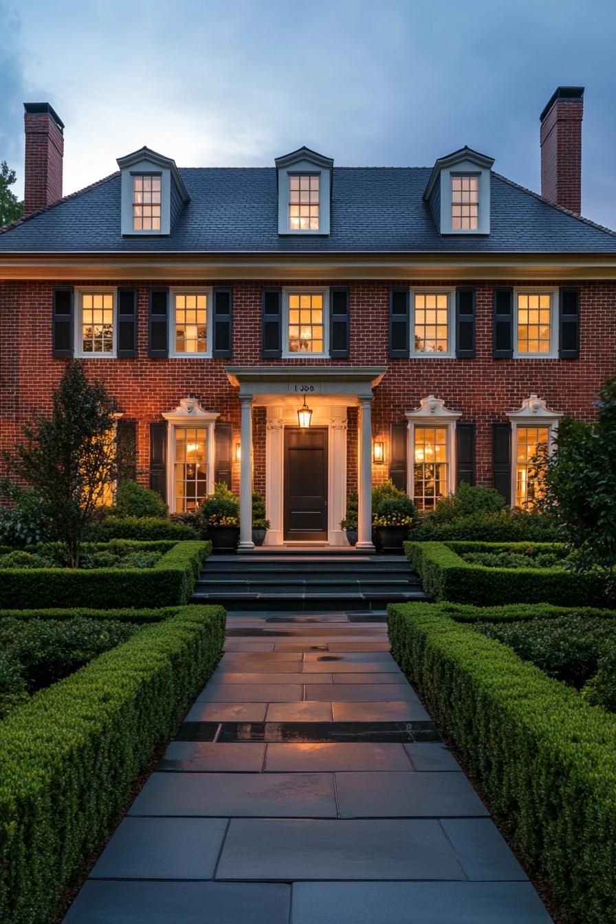 Charming Georgian house with lit windows at dusk