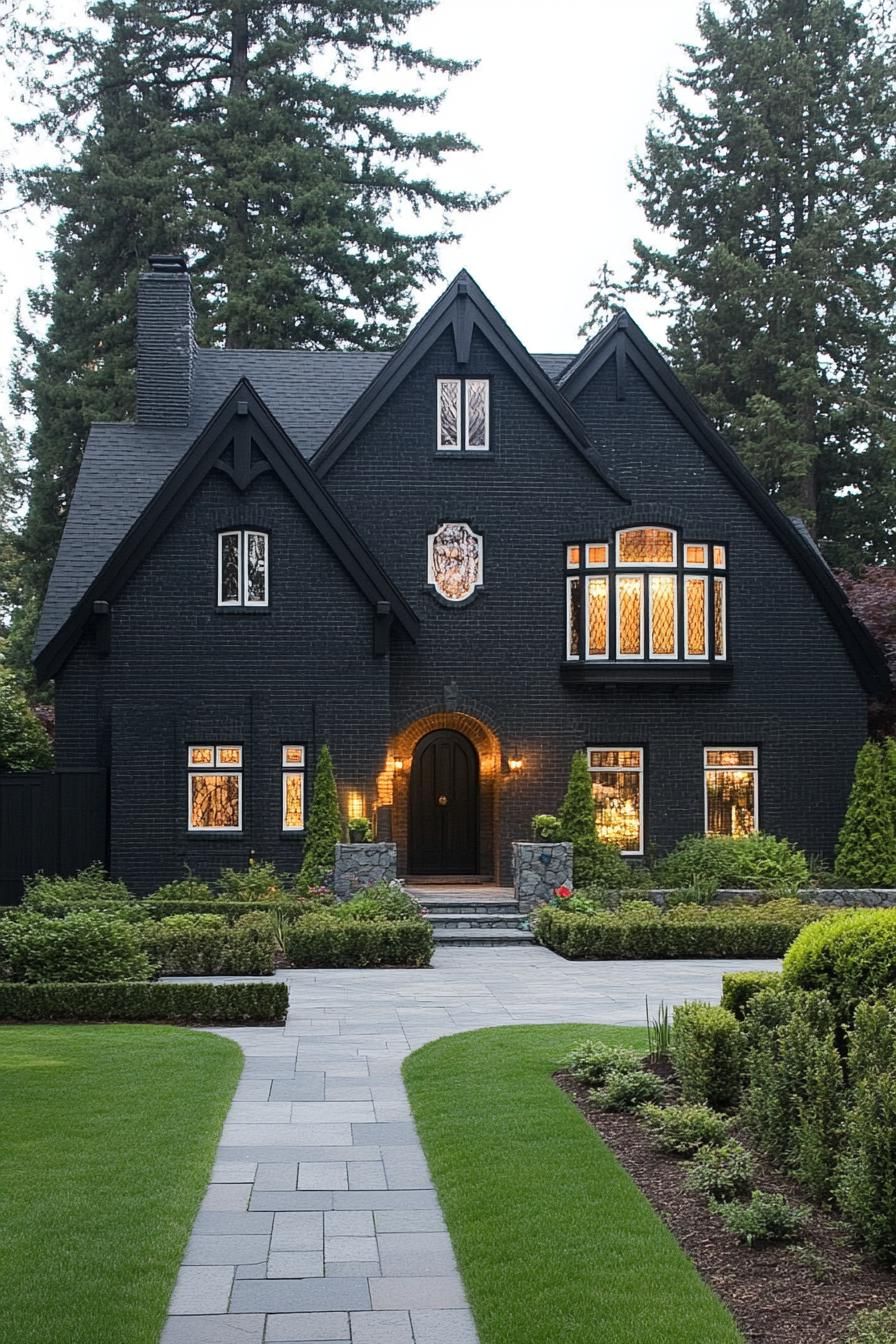 Dark brick Gothic house with vibrant garden pathway