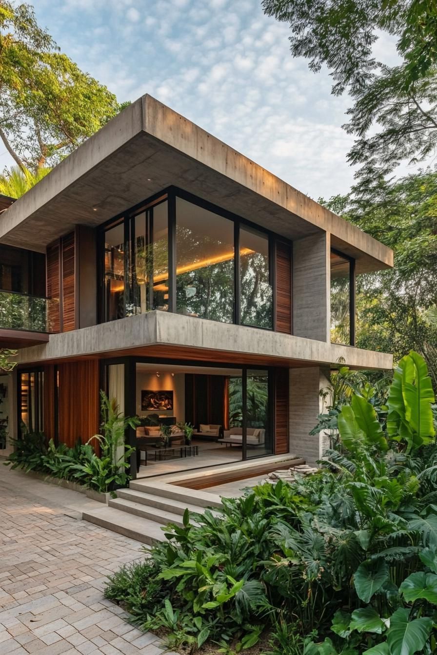 Modern Thai house with large windows surrounded by lush greenery