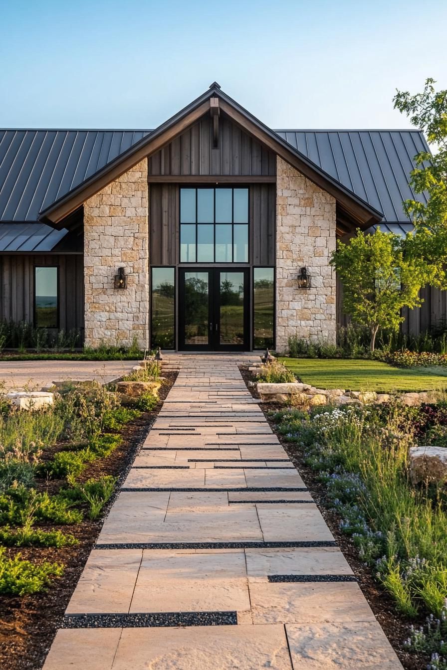 Elegant modern barndominium with stone and metal facade