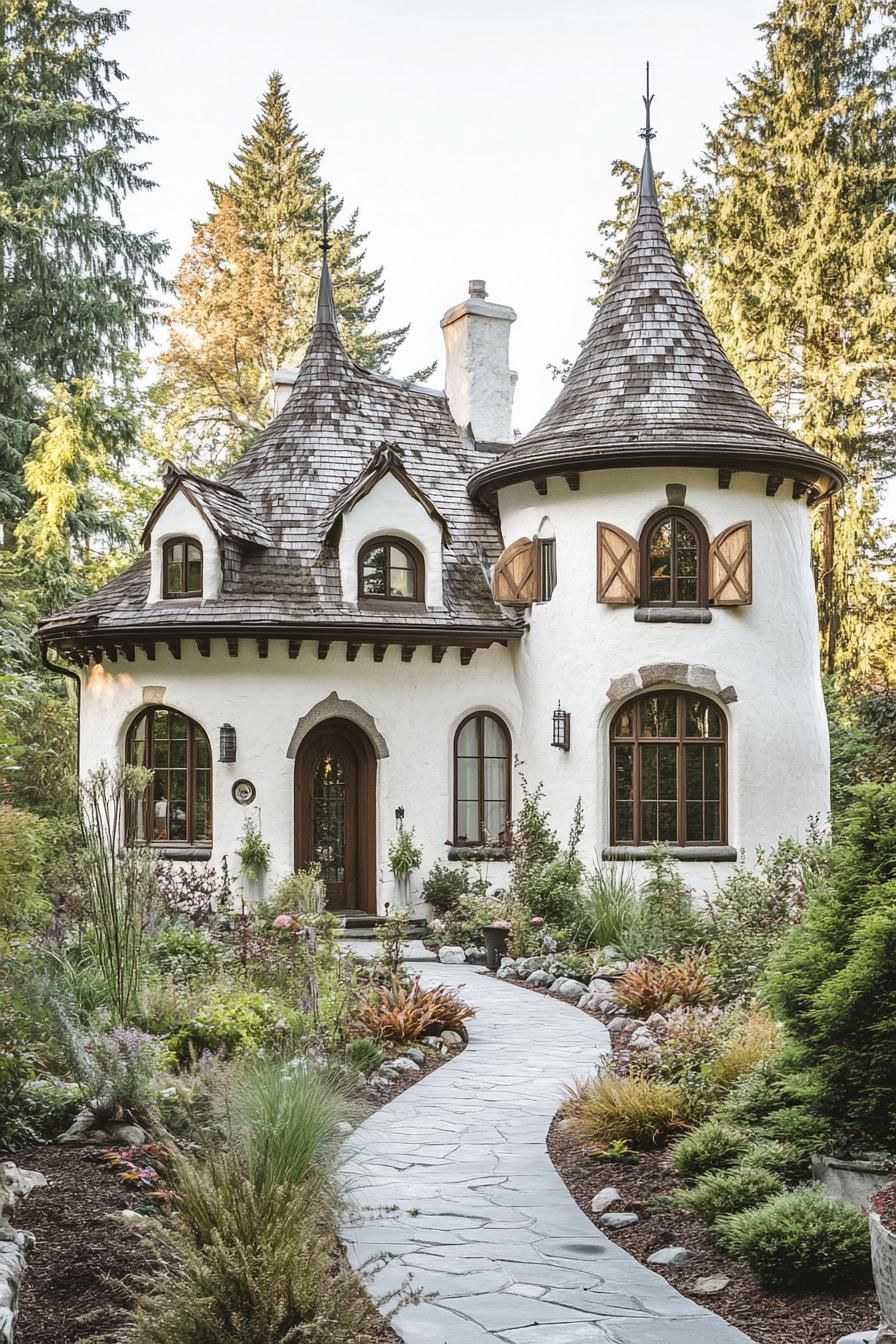 Storybook house with turret towers in a lush garden setting