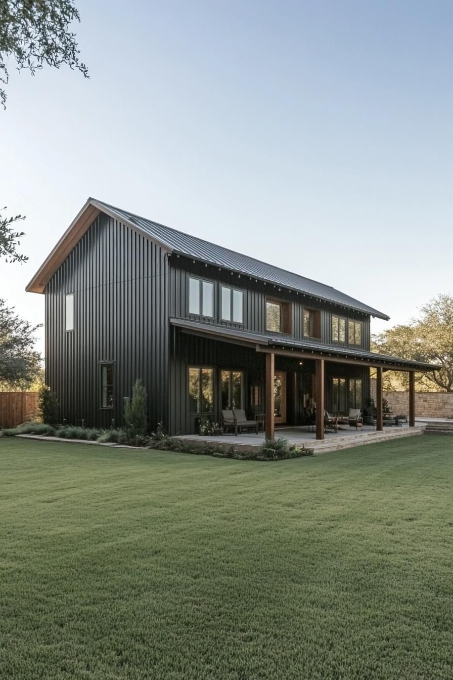 Sleek black barndominium with a patio