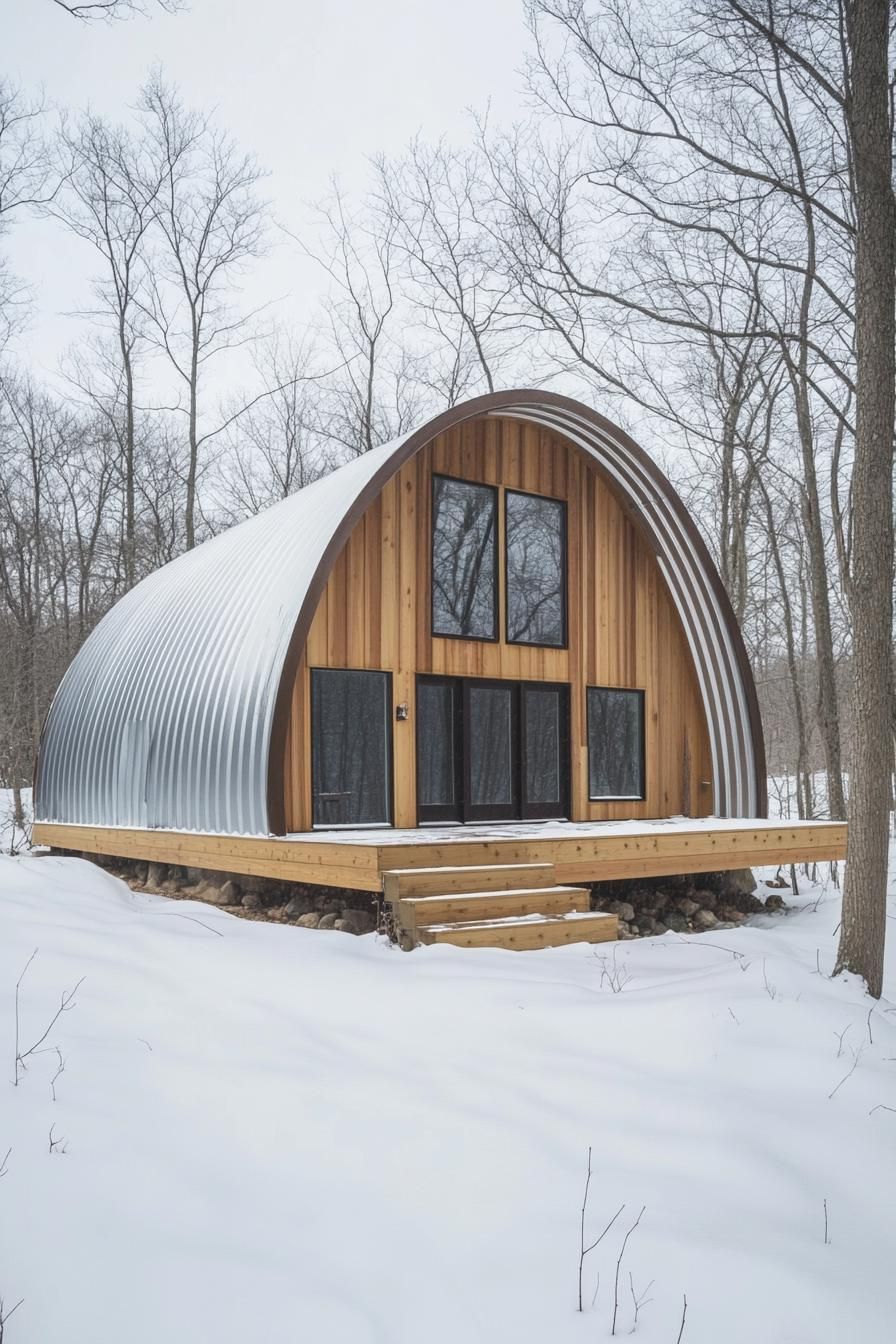 Quonset cabin in a snowy forest