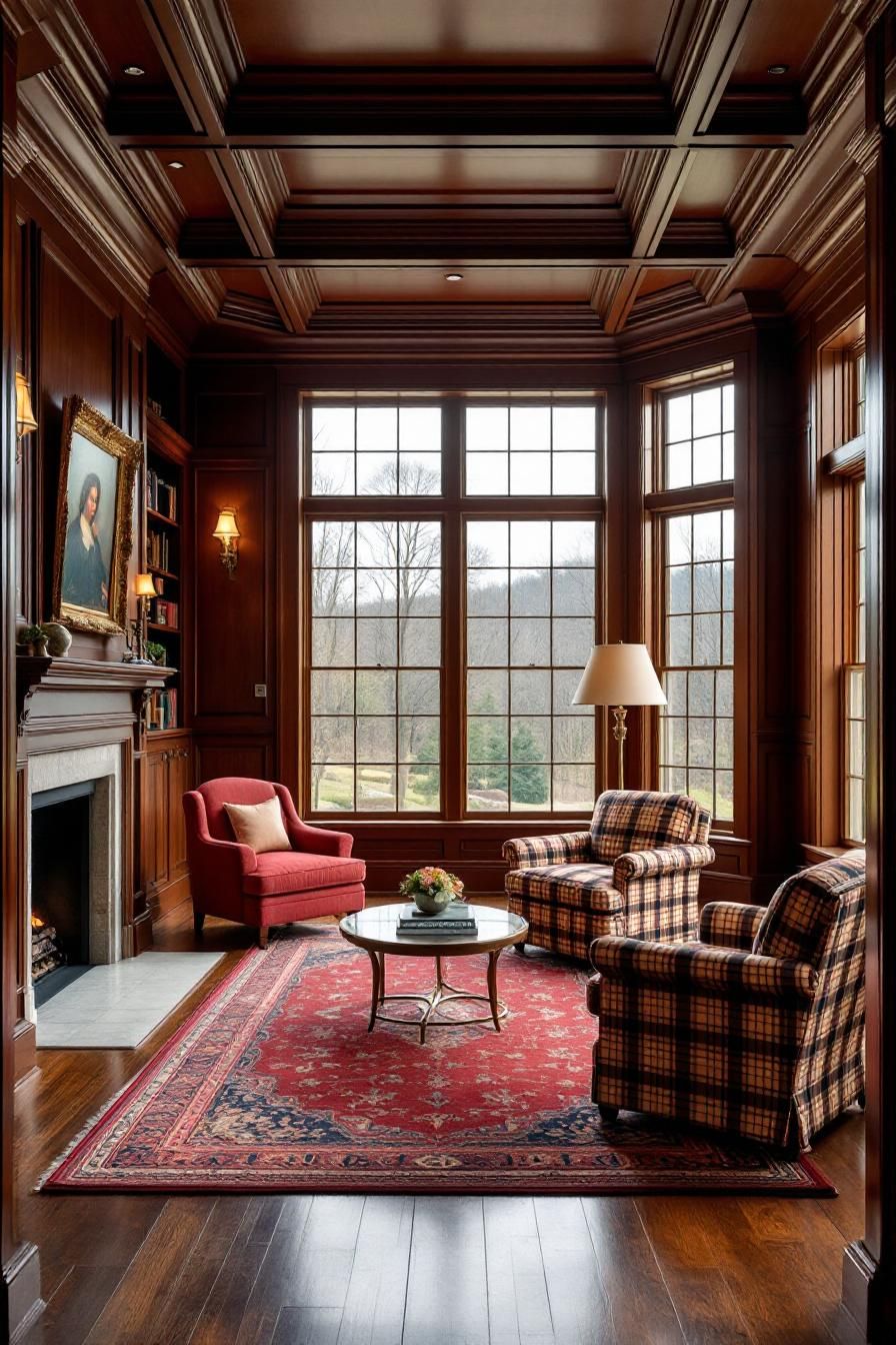 Warm library with large window, plaid chairs, and a red rug