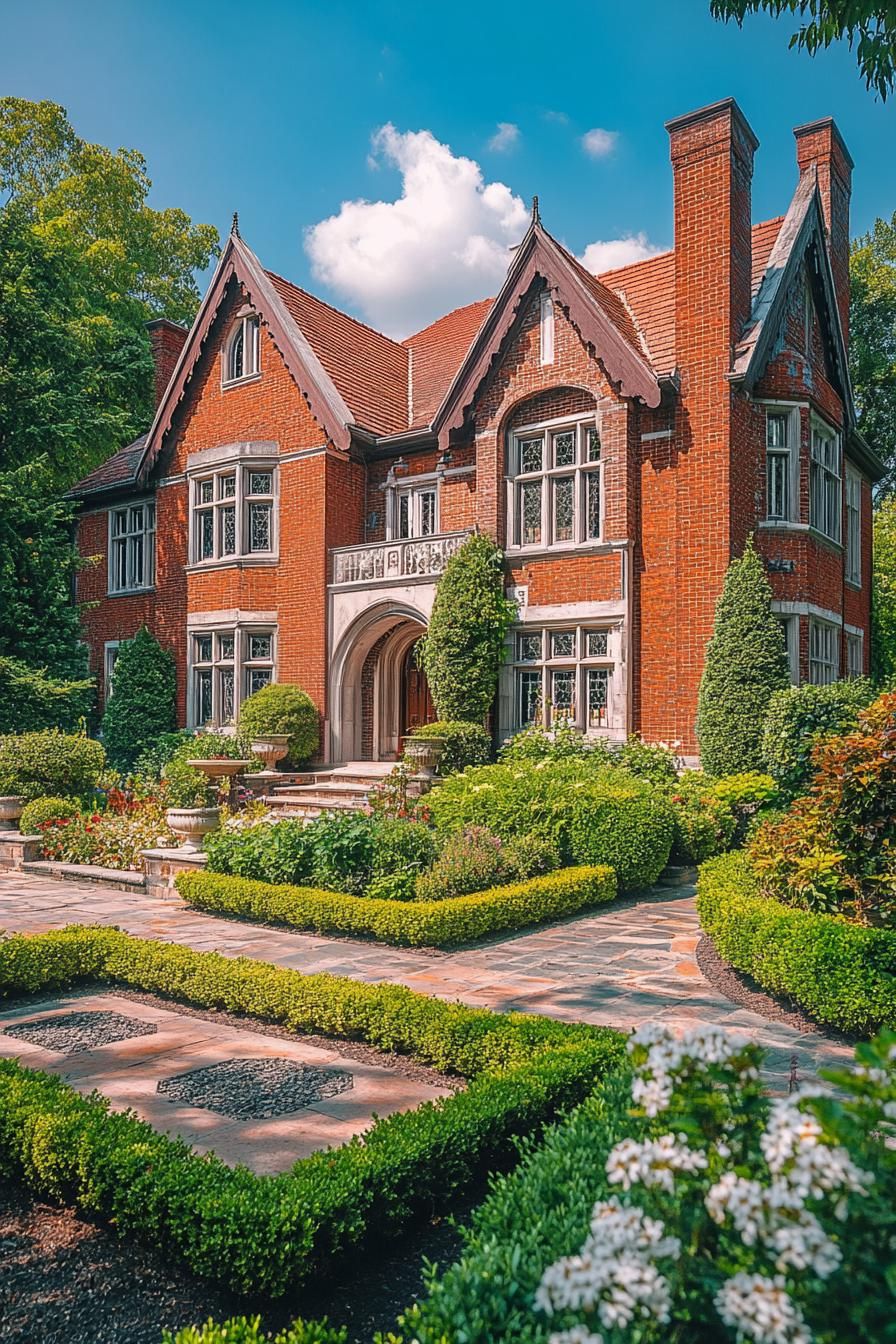 two story English red brick manor front facade with flower vines red shingle roof facade detailing garden with geometric shrubs 2