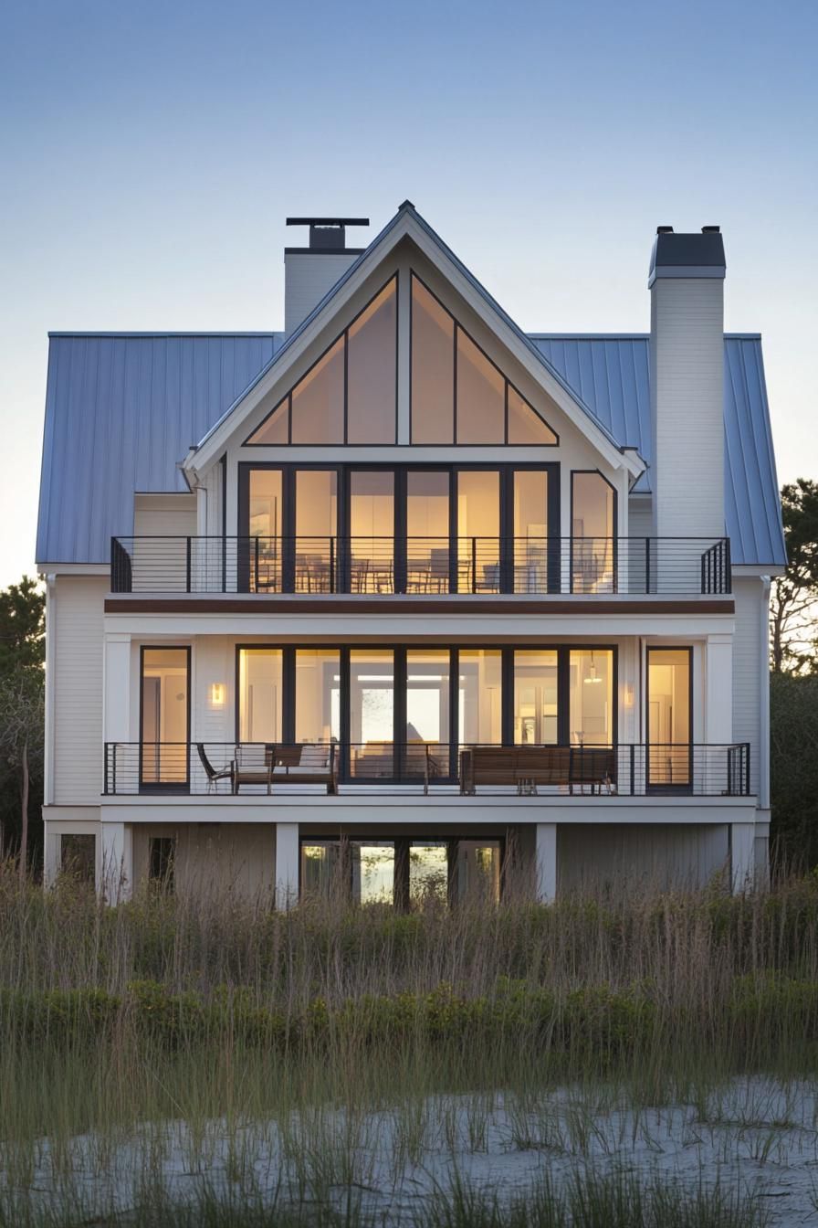 Modern coastal house with expansive glass windows at dusk