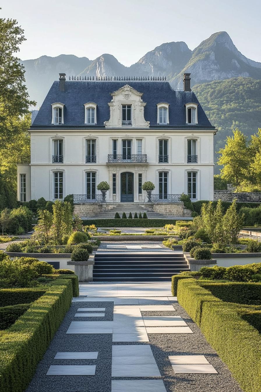 high angle view of French white manor with grey roof facade with detailing large front garden with geometric shrubs and paven paths with steps 2