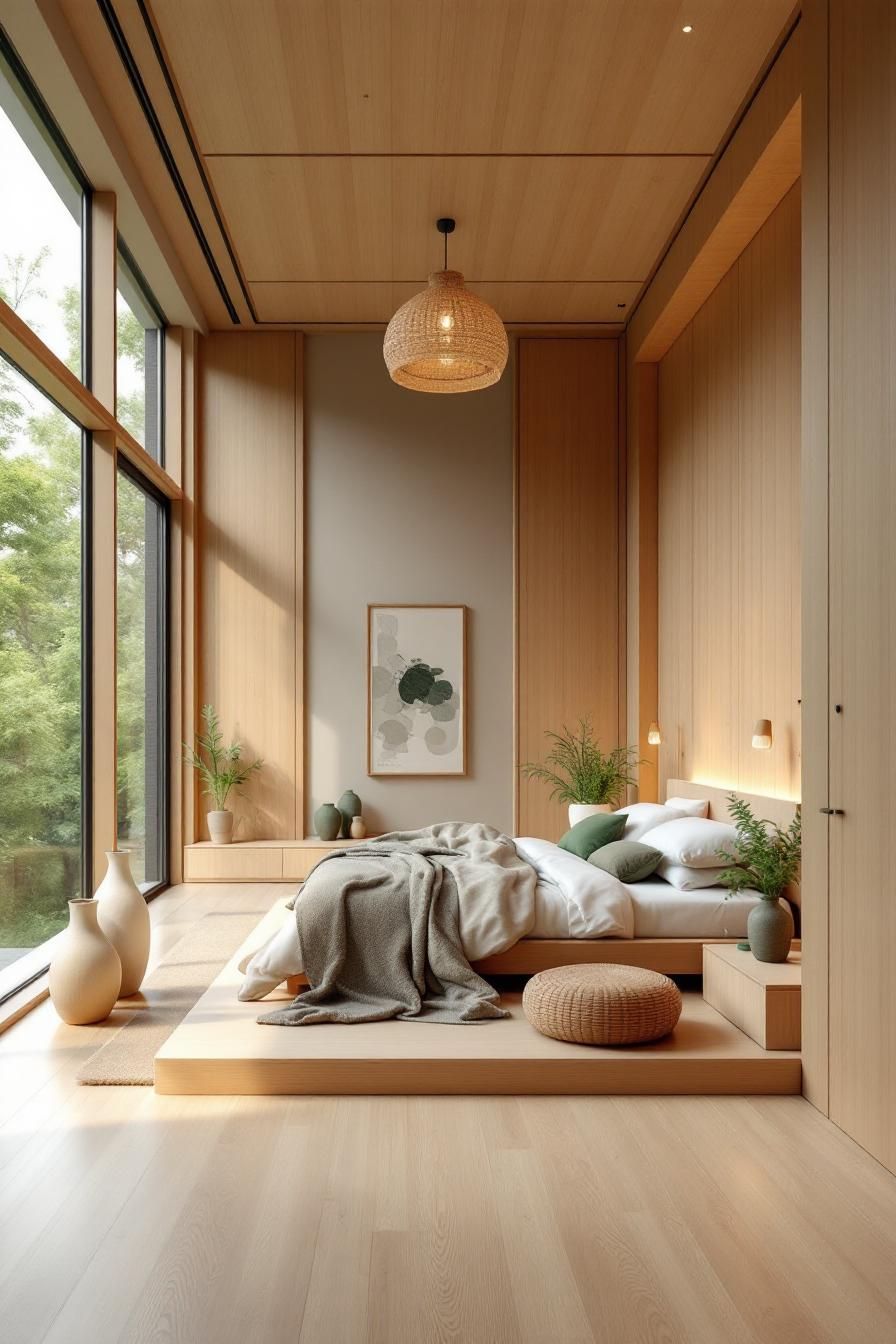 Bright bedroom with minimalist design and natural elements