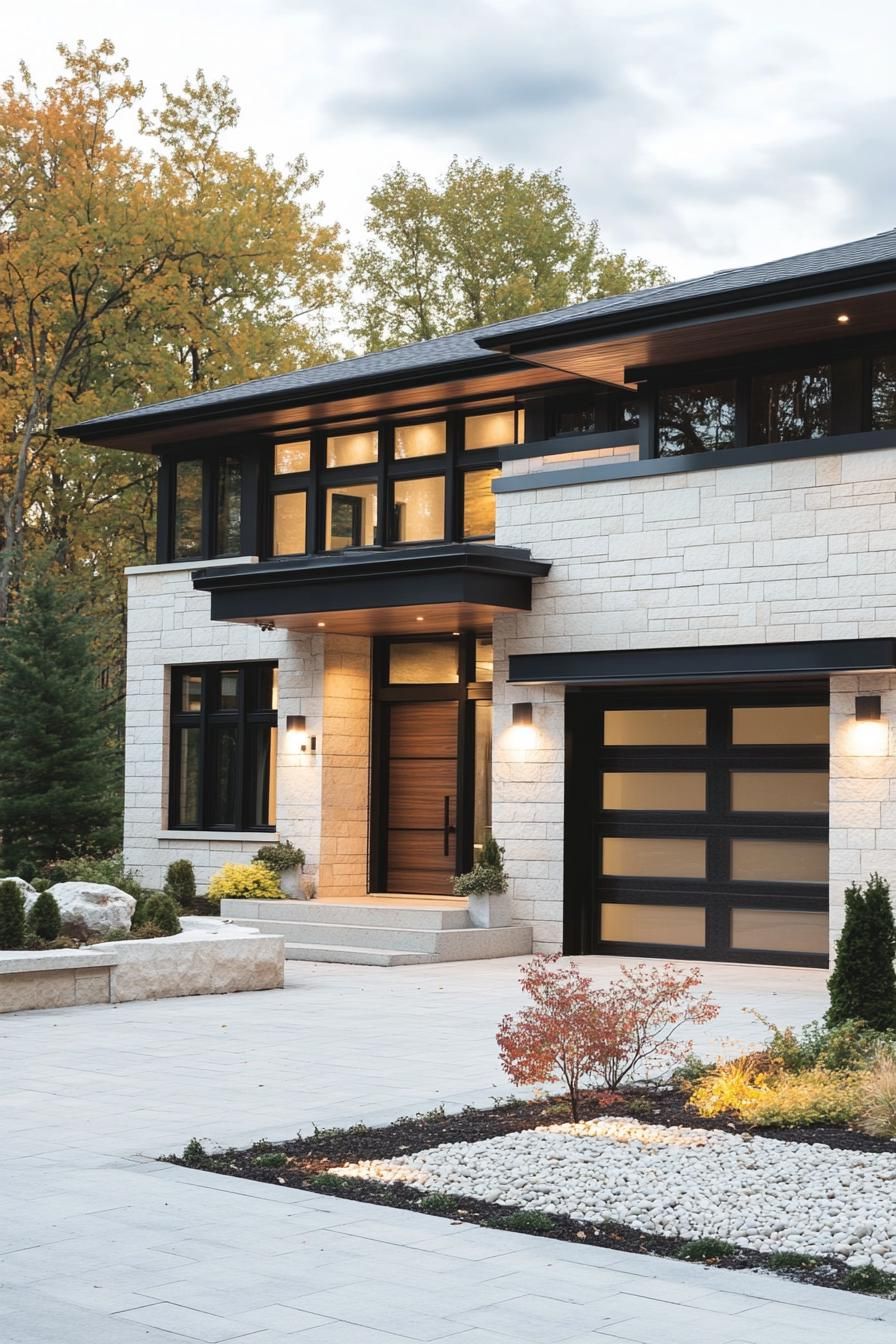 contemporary house exterior with flat roof white stone brick siding dark stained wood accents wooden garage and front door full wall modern 1