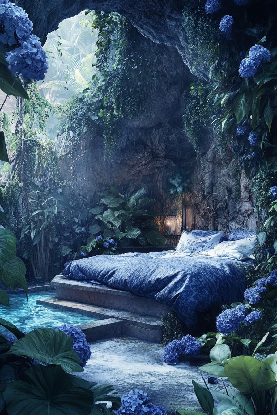 dreamscape of a cave home bedroom the walls are overgrown with dark blue flowers theres a cave pool with lush plants 2