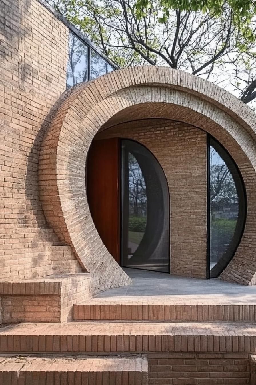 modern house facade with spiral shaped brick arch doorway