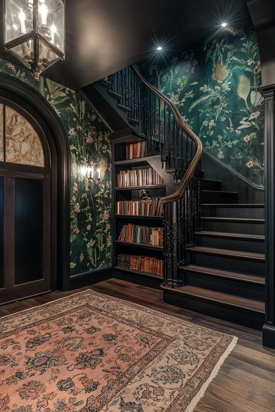 Staircase with floral wallpaper and bookshelves