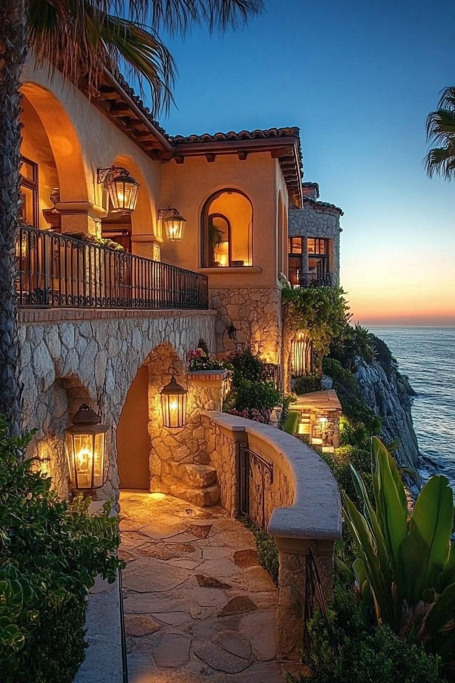 Elegant house with stone arches and glowing lanterns by the sea