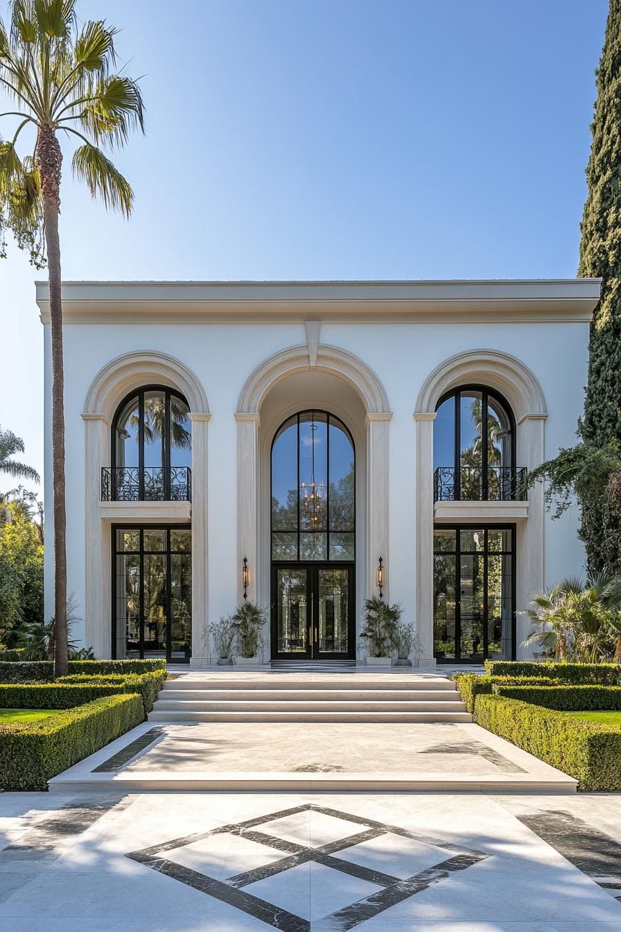 Luxury house with tall arched windows and manicured gardens