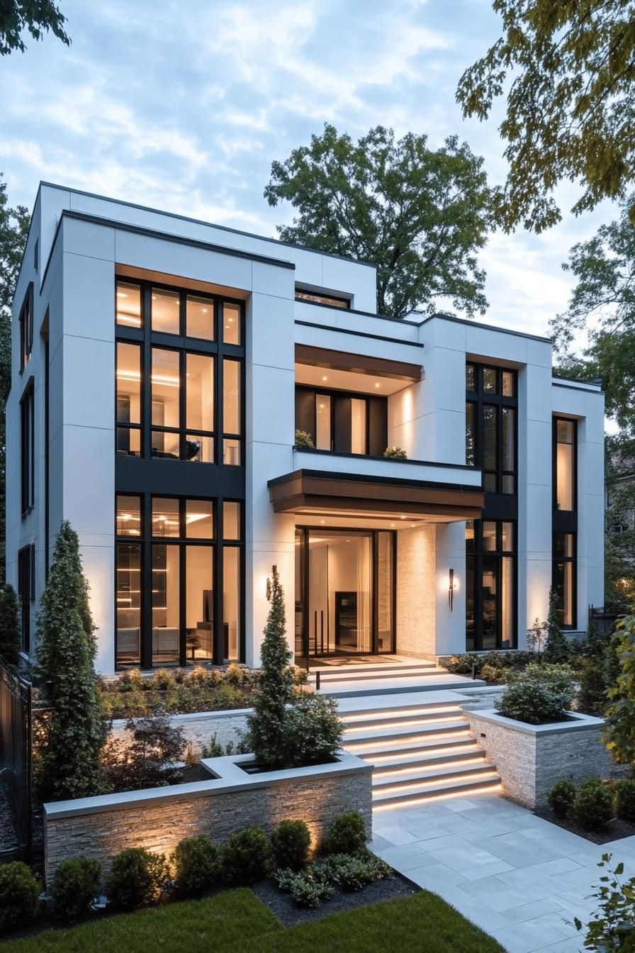 Modern white and black house with large windows, surrounded by greenery