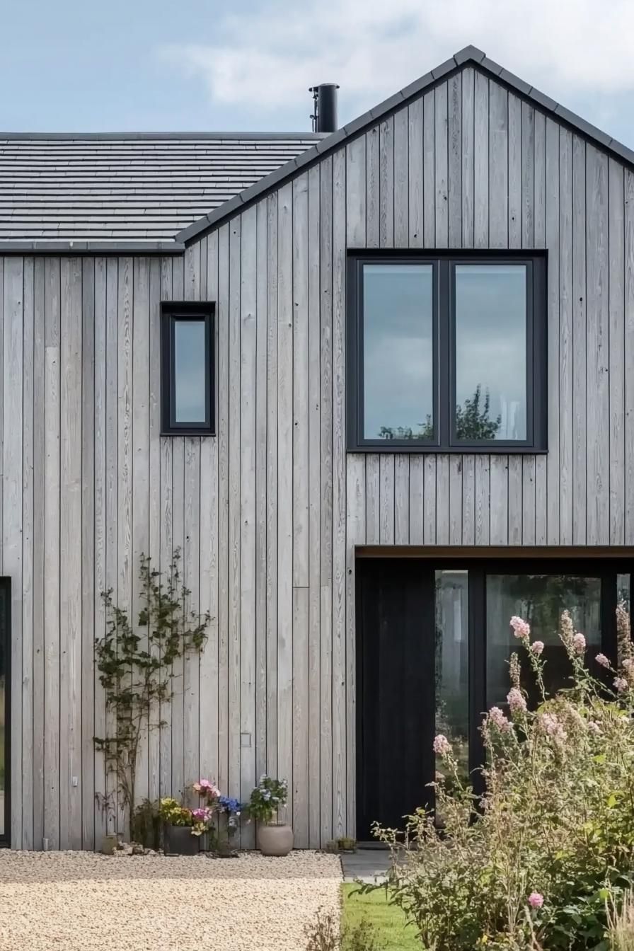 modern house in the British countryside with grey shou sugi ban timber cladding black windows and doors