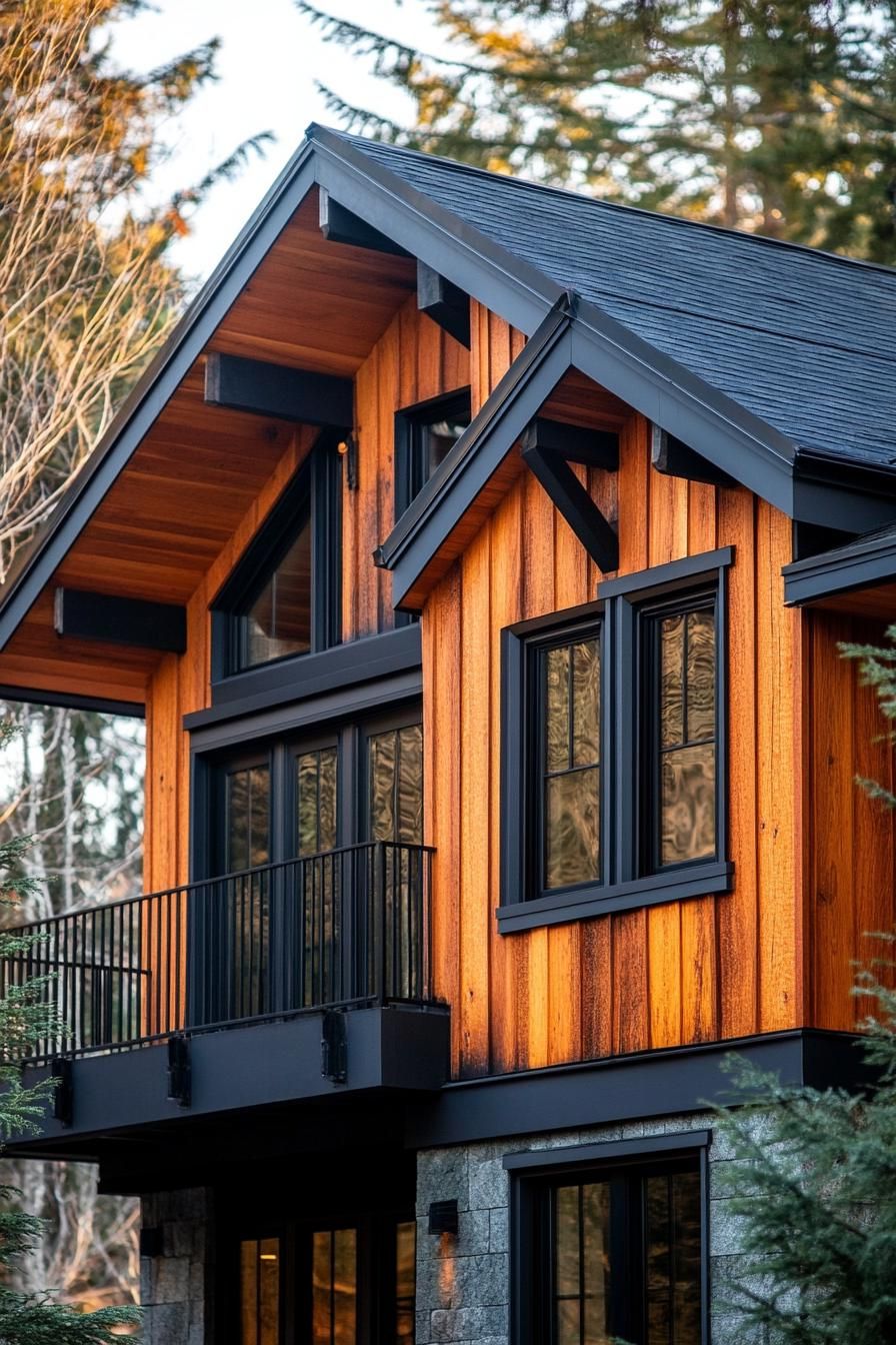 Wood-paneled house with black-trimmed windows