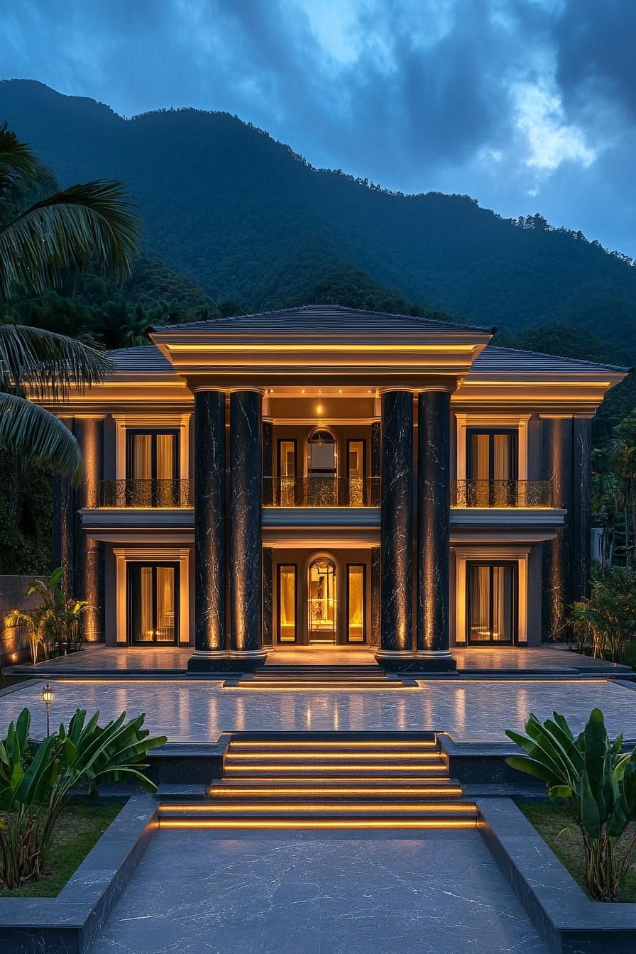 Luxury mansion glowing under mountain backdrop