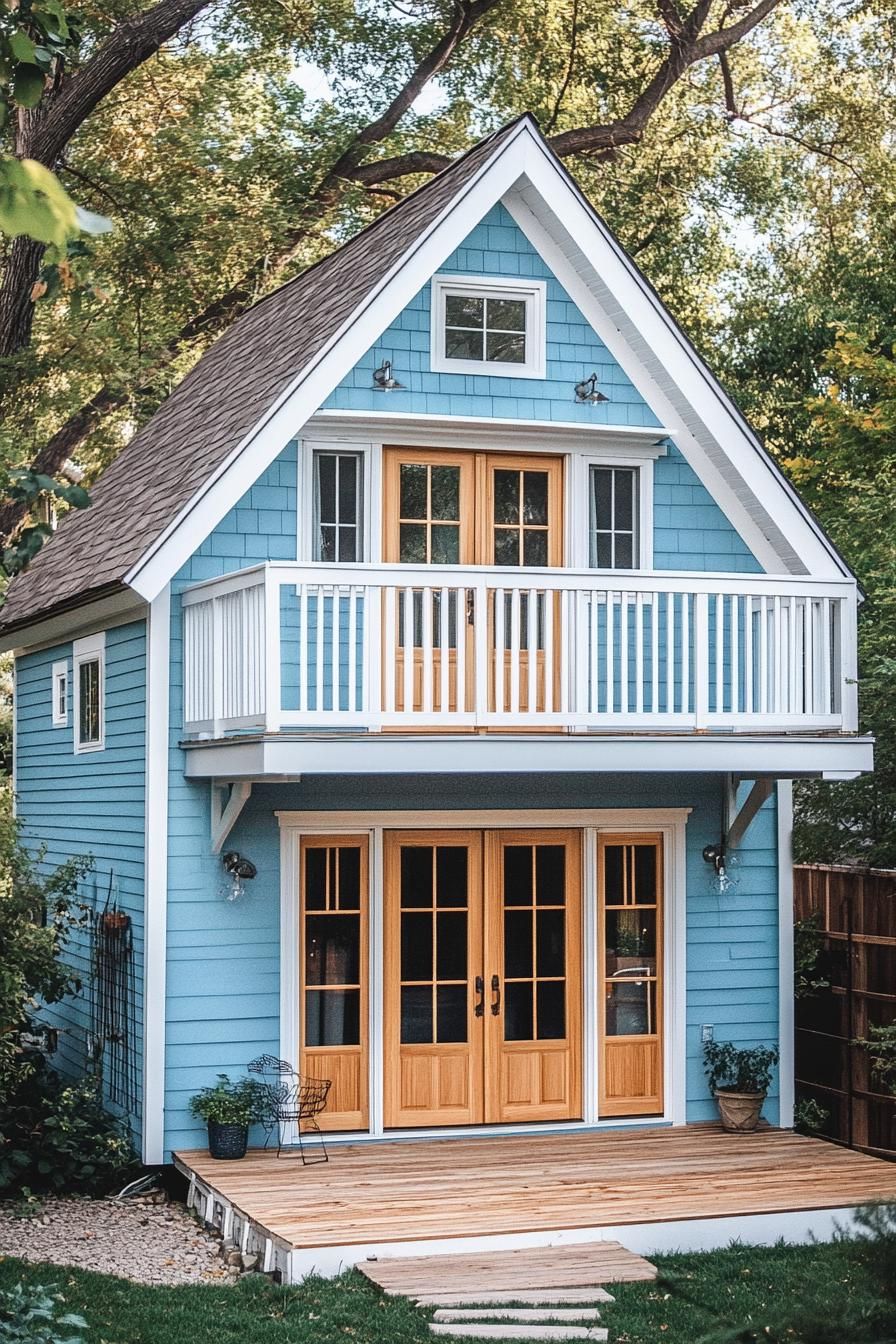 Blue two-story shed house with a balcony and wooden doors