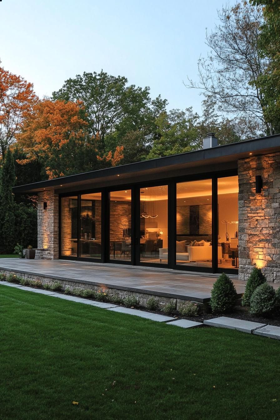 Modern bungalow with illuminated stone facade and large windows