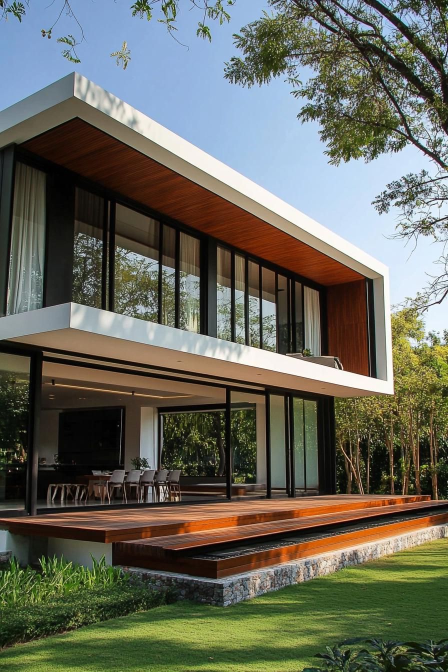 Modern Thai house with glass facade and wooden accents