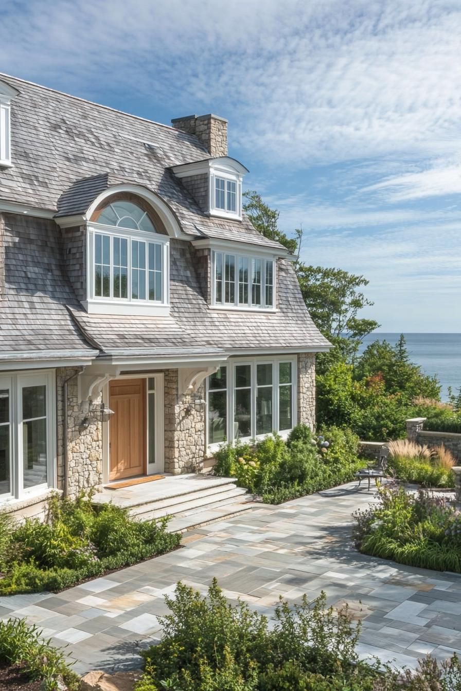 Stunning seaside stone house with large windows and lush garden