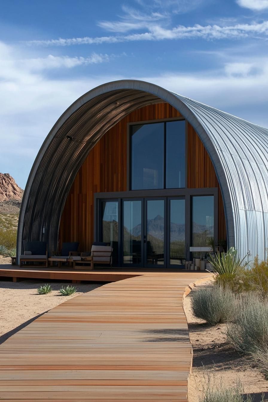 Wooden and metal Quonset hut house in the desert with a boardwalk leading to it