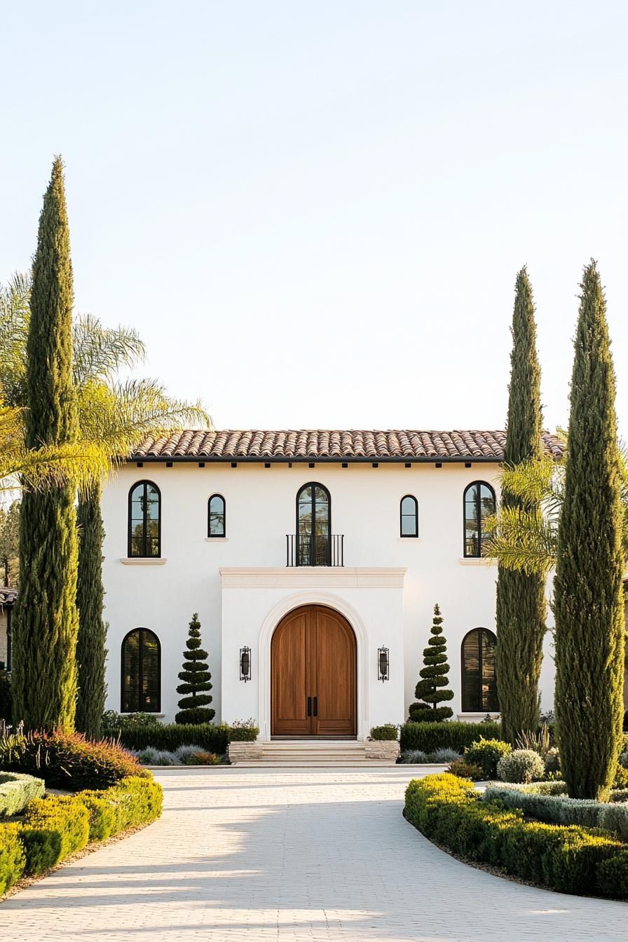 Italian villa with a large wooden door and tall cypress trees